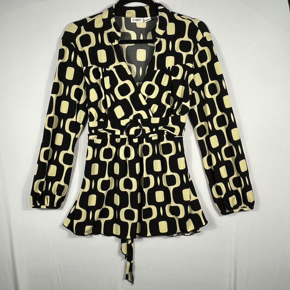 Vtg 90s Y2K Cato Babydoll Wrap Blouse‎ Lg Black Cream Geometric Print Belted Top